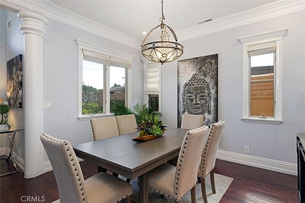 Dining room, Interior, Pendant Lights, Wood Texture Flooring