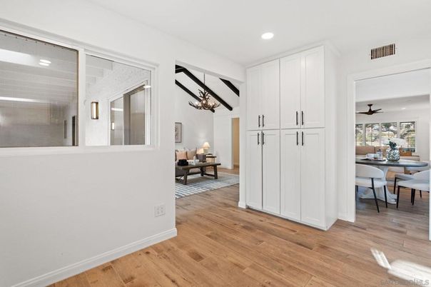 Dining room, Interior, Pendant Lights, Recessed Lighting, Wood Texture Flooring