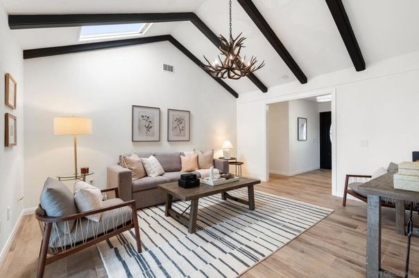 Interior, Living room, Pendant Lights, Wooden Beams, Wood Texture Flooring