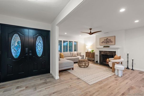 Fireplace, Interior, Living room, Recessed Lighting, Wood Texture Flooring