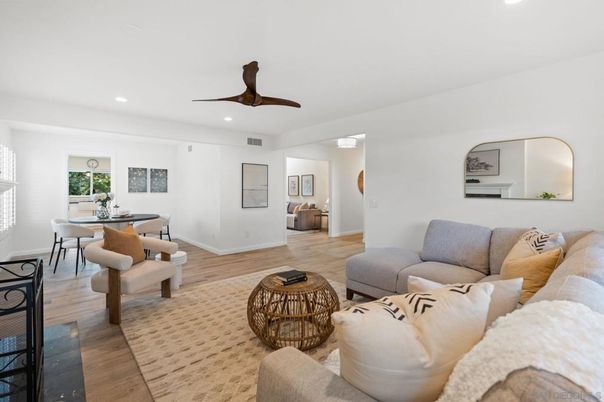 Dining room, Interior, Living room, Recessed Lighting, Wood Texture Flooring