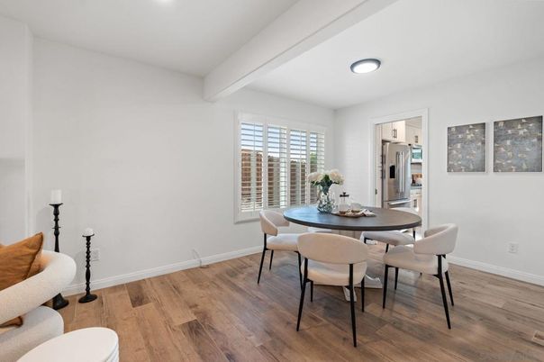 Dining room, Interior, Recessed Lighting, Wood Texture Flooring
