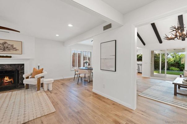 Chandelier, Dining room, Fireplace, Interior, Recessed Lighting, Wood Texture Flooring