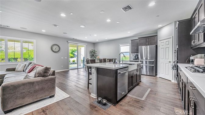 Interior, Kitchen, Living room, Recessed Lighting, Stainless Steel Appliances, Wood Texture Flooring