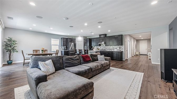 Dining room, Interior, Kitchen, Living room, Recessed Lighting, Stainless Steel Appliances, Wood Texture Flooring