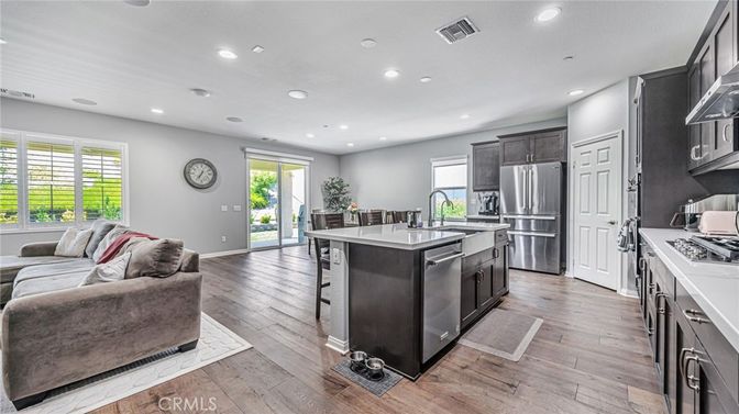 Interior, Kitchen, Living room, Recessed Lighting, Stainless Steel Appliances, Wood Texture Flooring