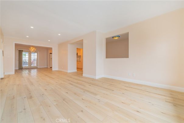 Chandelier, Empty room, Interior, Recessed Lighting, Wood Texture Flooring