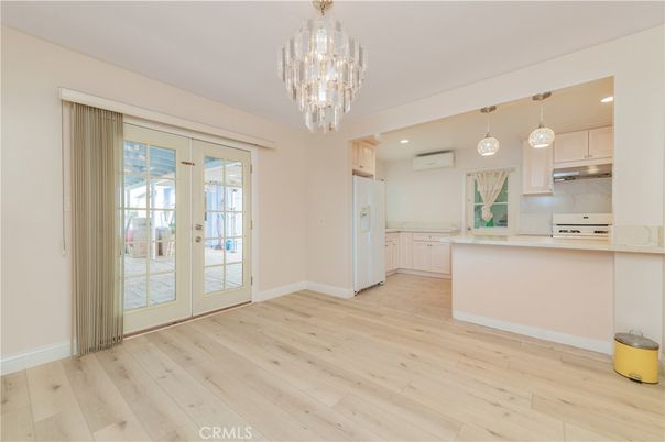 Chandelier, Empty room, Interior, Kitchen, Pendant Lights, Recessed Lighting, Wood Texture Flooring