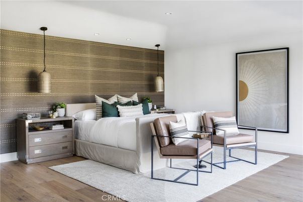 Bedroom, Interior, Pendant Lights, Recessed Lighting, Wood Texture Flooring