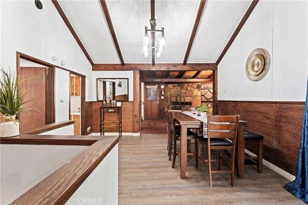 Dining room, Interior, Pendant Lights, Wood Texture Flooring