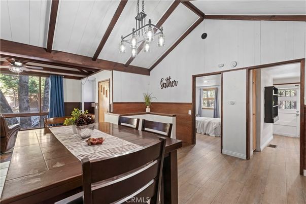Dining room, Interior, Pendant Lights, Wooden Beams, Wood Texture Flooring