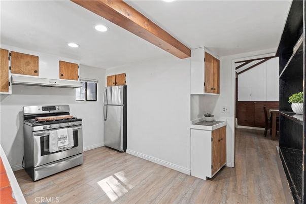 Interior, Kitchen, Recessed Lighting, Stainless Steel Appliances, Wooden Beams, Wood Texture Flooring