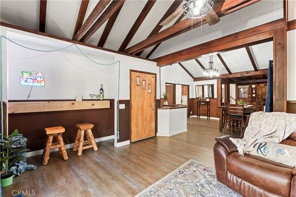 Dining room, Interior, Pendant Lights, Wooden Beams, Wood Texture Flooring