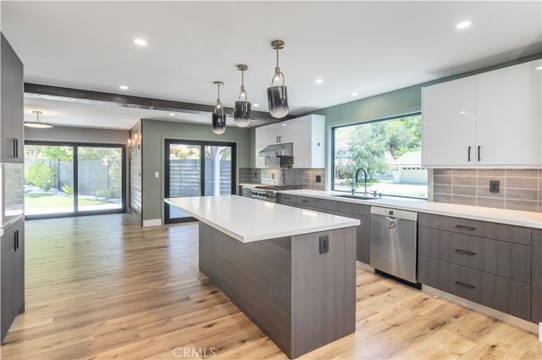 Interior, Kitchen, Pendant Lights, Recessed Lighting, Stainless Steel Appliances, Wood Texture Flooring