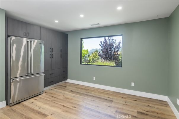 Empty room, Interior, Kitchen, Recessed Lighting, Wood Texture Flooring