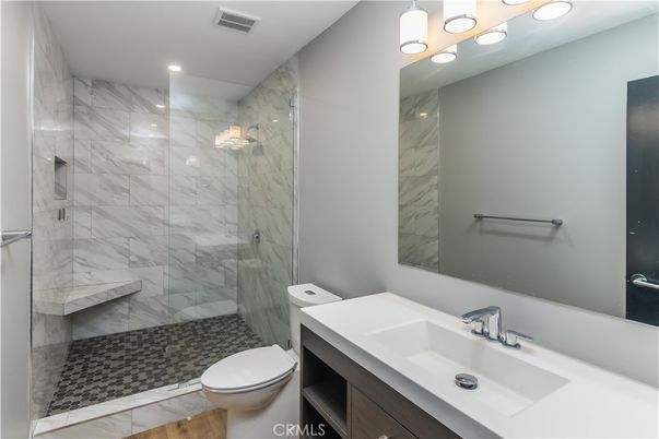 Bathroom, Glass Shower, Interior, Marble Walls, Recessed Lighting