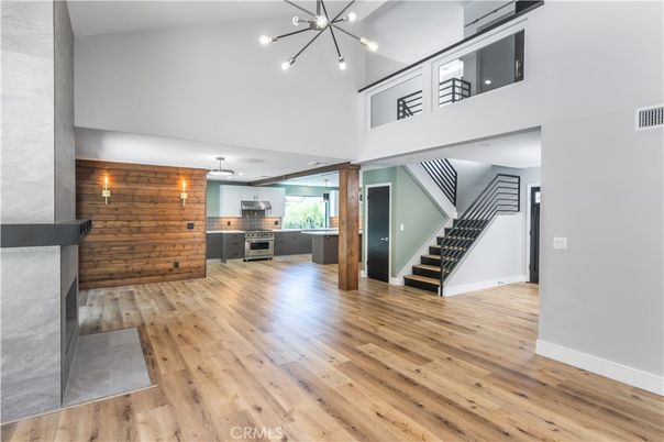 Interior, Kitchen, Pendant Lights, Stone Walls, Wood Texture Flooring