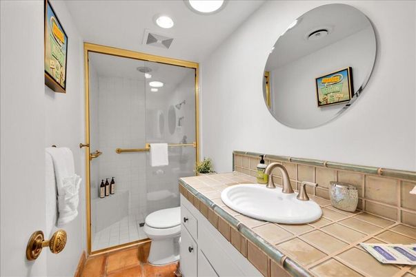 Bathroom, Glass Shower, Interior, Recessed Lighting, Tile Countertops