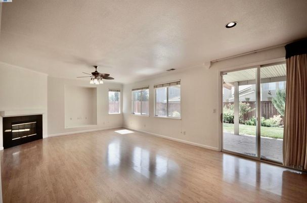 Empty room, Fireplace, Interior, Recessed Lighting, Wood Texture Flooring