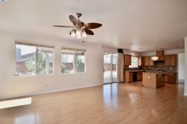 Empty room, Interior, Kitchen, Pendant Lights, Recessed Lighting, Wood Texture Flooring