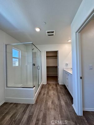 Bathroom, Glass Shower, Interior, Recessed Lighting, Wood Texture Flooring