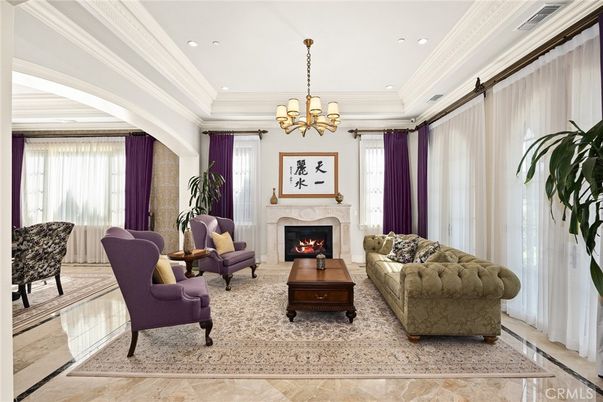 Chandelier, Fireplace, Interior, Living room, Recessed Lighting