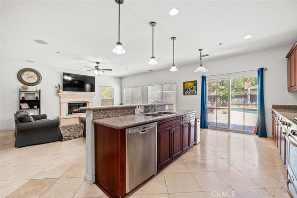 Fireplace, Interior, Kitchen, Living room, Pendant Lights, Recessed Lighting