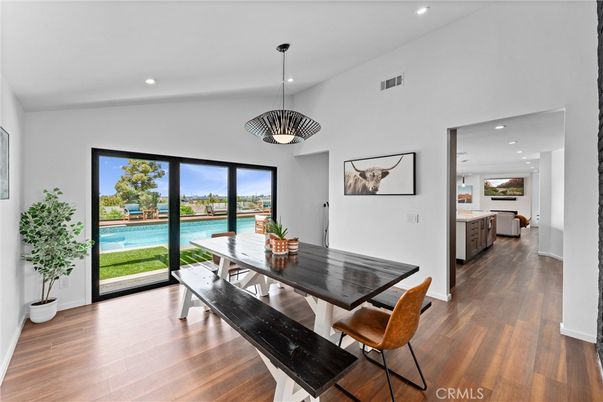 Dining room, Interior, Pendant Lights, Recessed Lighting, Water, Wood Texture Flooring