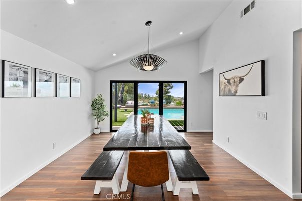 Dining room, Interior, Pendant Lights, Recessed Lighting, Water, Wood Texture Flooring