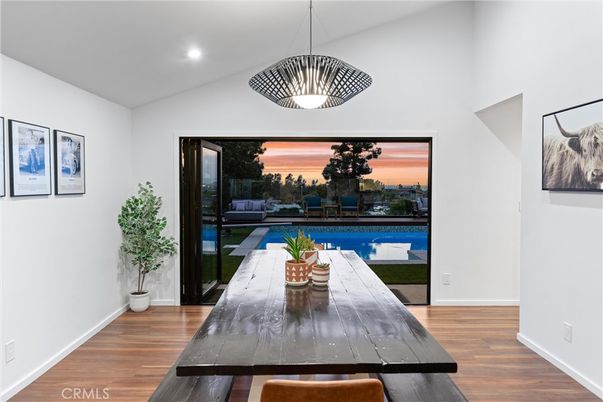 Dining room, Interior, Pendant Lights, Recessed Lighting, Wood Texture Flooring