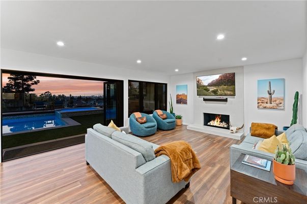 Fireplace, Interior, Living room, Recessed Lighting, Wood Texture Flooring