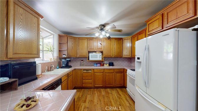 Interior, Kitchen, Tile Countertops, Wood Texture Flooring