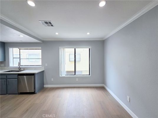 Empty room, Interior, Kitchen, Recessed Lighting, Wood Texture Flooring
