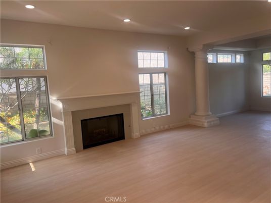 Empty room, Fireplace, Interior, Recessed Lighting, Wood Texture Flooring