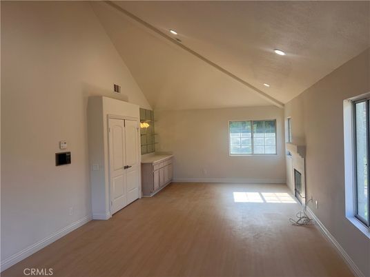 Empty room, Fireplace, Interior, Recessed Lighting, Wood Texture Flooring