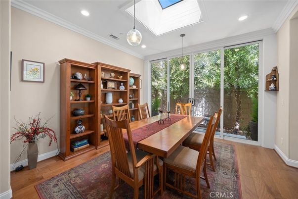 Dining room, Interior, Pendant Lights, Recessed Lighting, Wood Texture Flooring