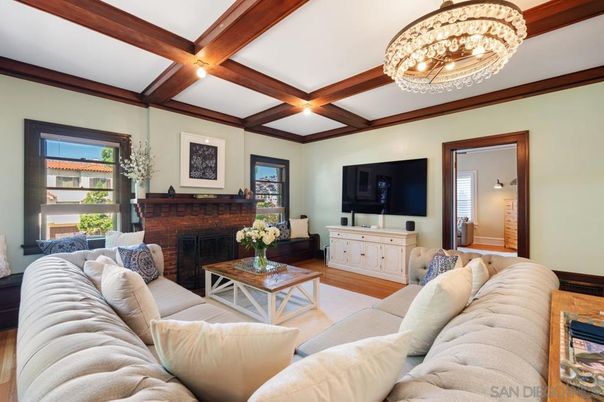 Chandelier, Fireplace, Interior, Living room, Wooden Beams, Wood Texture Flooring