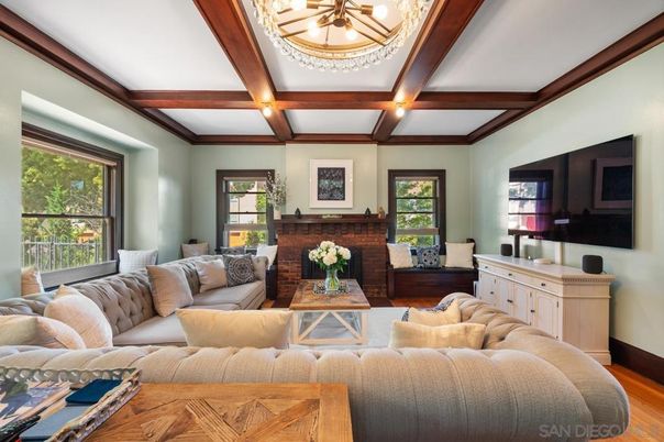 Chandelier, Fireplace, Interior, Living room, Wooden Beams, Wood Texture Flooring