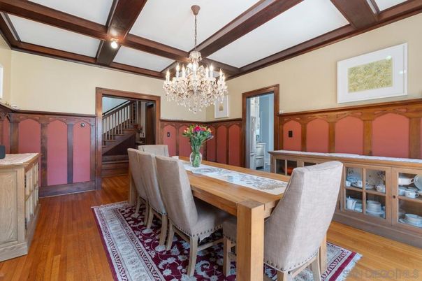 Chandelier, Dining room, Interior, Recessed Lighting, Wooden Beams, Wood Texture Flooring