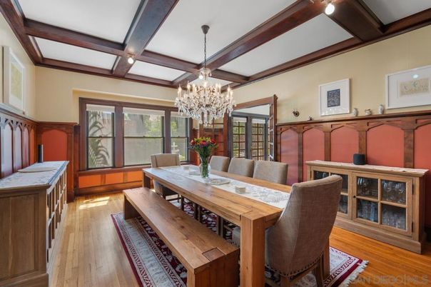 Chandelier, Dining room, Interior, Wooden Beams, Wood Texture Flooring