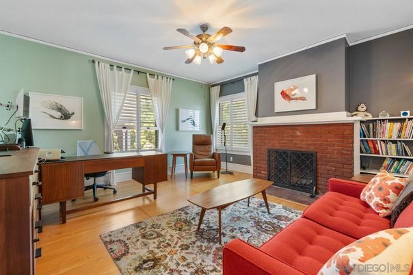 Fireplace, Home Office, Interior, Stone Walls, Wood Texture Flooring
