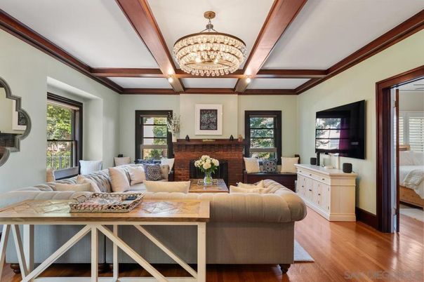 Chandelier, Fireplace, Interior, Living room, Wooden Beams, Wood Texture Flooring
