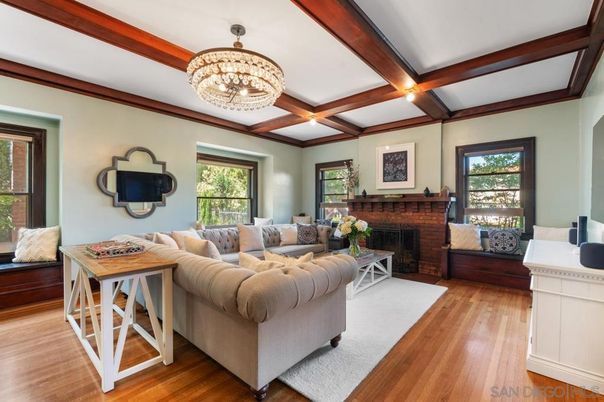 Chandelier, Fireplace, Interior, Living room, Wooden Beams, Wood Texture Flooring