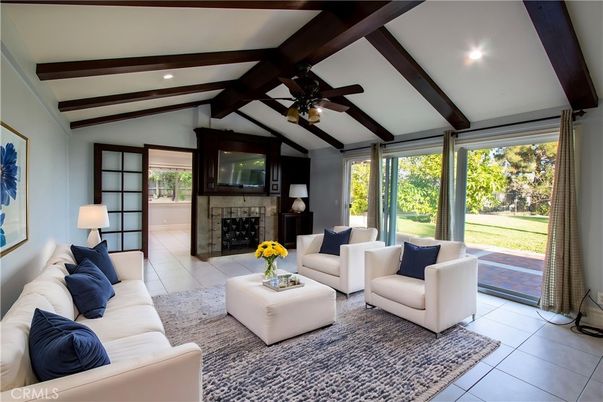 Fireplace, Interior, Living room, Recessed Lighting, Wooden Beams