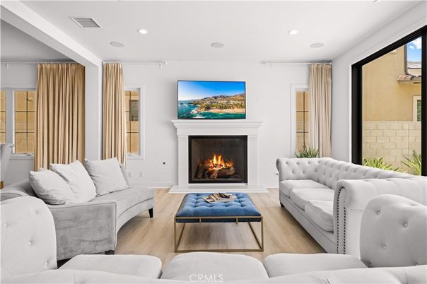 Fireplace, Interior, Living room, Recessed Lighting, Wood Texture Flooring