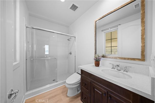 Bathroom, Glass Shower, Interior, Recessed Lighting, Wood Texture Flooring