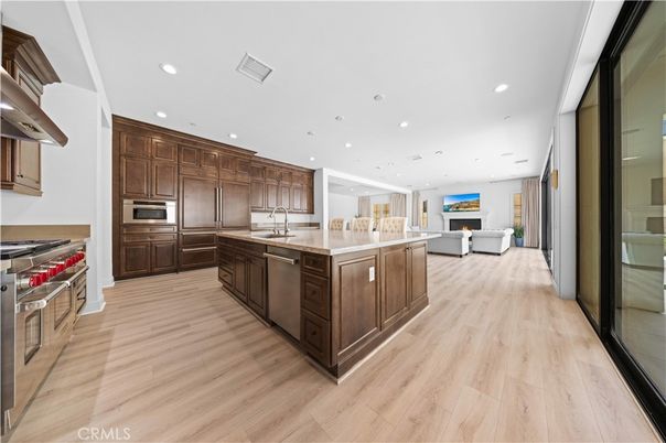 Fireplace, Interior, Kitchen, Recessed Lighting, Stainless Steel Appliances, Wood Texture Flooring