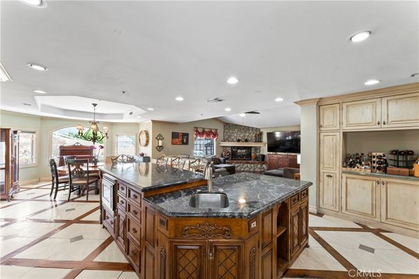 Chandelier, Dining room, Fireplace, Interior, Kitchen, Pendant Lights, Recessed Lighting