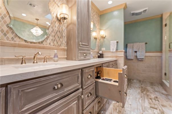 Bathroom, Chandelier, Interior, Marble, Recessed Lighting