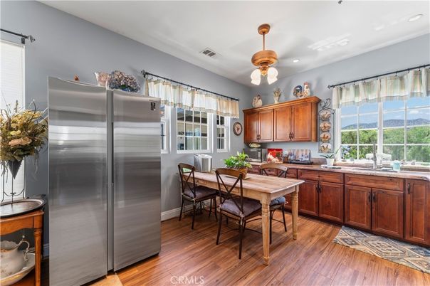 Dining room, Interior, Kitchen, Recessed Lighting, Stainless Steel Appliances, Wood Texture Flooring